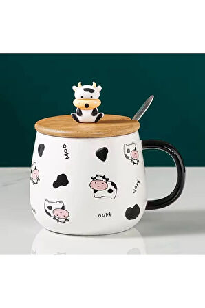 İnek Tasarımlı Kapaklı Kaşıklı Seramik Dekoratif Hediyelik Kupa Mug