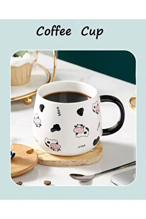 İnek Tasarımlı Kapaklı Kaşıklı Seramik Dekoratif Hediyelik Kupa Mug