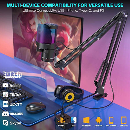 Coverzone RGB Oyun & Yayın Mikrofonu - 192kHz, Gürültü Engelleme, USB, PS5/4 Uyumlu, Masa Standlı | KM8S