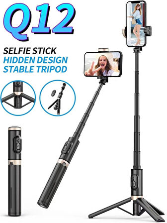 Coverzone Bluetooth Selfie Stick Tripod - 360° Döner, 215-730mm Ayarlı, Alüminyum Alaşım, Katlanabilir | Q12