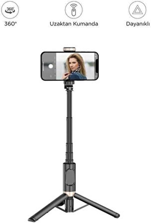 Coverzone Bluetooth Selfie Stick Tripod - 360° Döner, 215-730mm Ayarlı, Alüminyum Alaşım, Katlanabilir | Q12