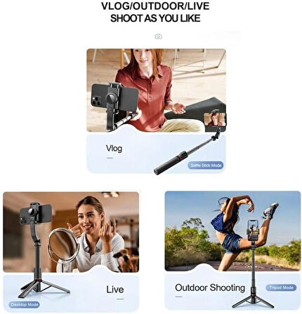 Coverzone Gimbal Selfie Stick Tripod - 2’si 1 Arada, 700mm Ayarlı, Titreşim Önleyici, Katlanabilir | L19