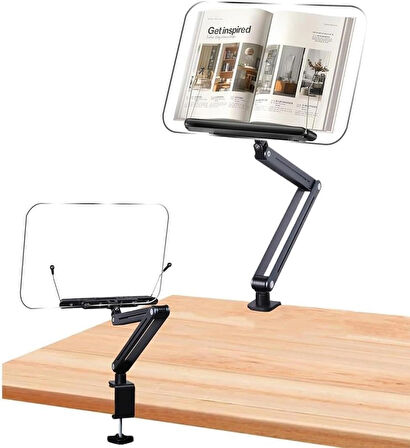 Coverzone Kitap & Tablet Standı Masa Kenarı Kelepçeli, 360° Döner, 87.5cm Ayarlı, Şeffaf Akrilik Panel | P87