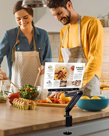 Coverzone Kitap & Tablet Standı Masa Kenarı Kelepçeli, 360° Döner, 87.5cm Ayarlı, Şeffaf Akrilik Panel | P87