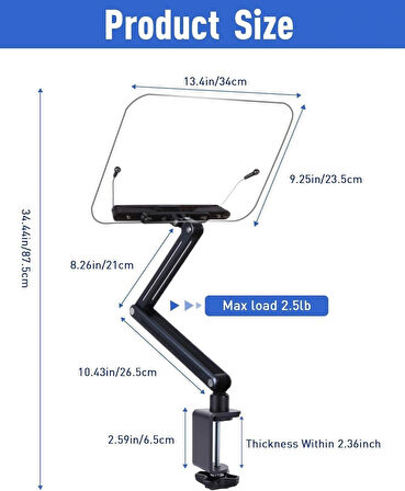 Coverzone Kitap & Tablet Standı Masa Kenarı Kelepçeli, 360° Döner, 87.5cm Ayarlı, Şeffaf Akrilik Panel | P87
