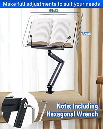 Coverzone Kitap & Tablet Standı Masa Kenarı Kelepçeli, 360° Döner, 87.5cm Ayarlı, Şeffaf Akrilik Panel | P87