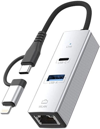 Coverzone Alüminyum 3in1 Ethernet Adaptör 100Mbps, USB-C & USB-A, WLAN, Klavye & Kulaklık Desteği | LC-31L