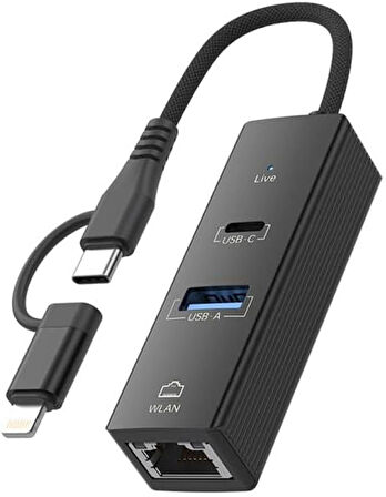 Coverzone Alüminyum 3in1 Ethernet Adaptör 100Mbps, USB-C & USB-A, WLAN, Klavye & Kulaklık Desteği | LC-31L
