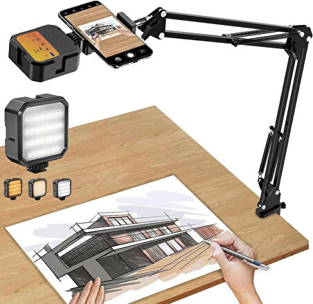 Coverzone Üstten Çekim Tripod CZ45 - 360° Döner, Katlanabilir Stand, Video & Yayın için LED Işıklı Tutucu Set