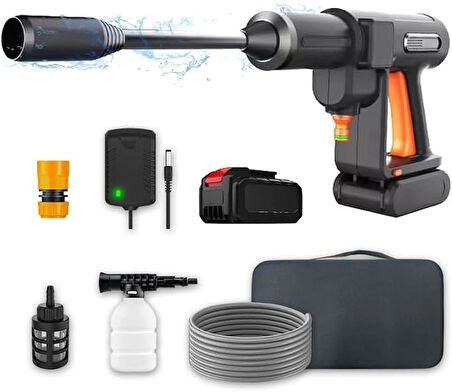 Coverzone Şarjlı Basınçlı Yıkama Tabancası - Köpük Fonksiyonlu, 3 Kademe Basınç, 5m Hortum, Portatif