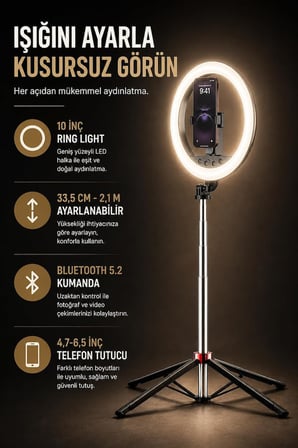 Coverzone 10 İnç Ring Light 2.1 m ENT Tripod Bluetooth Kumandalı Type-C NP-L15
