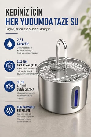 Coverzone 2,2 L SUS 304 Paslanmaz ENT Çelik Kedi Akan Su Pınarı Sebili ORM-502
