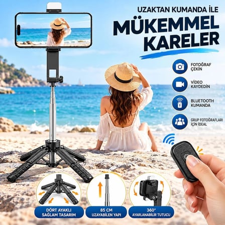 Coverzone Mini Dört Ayaklı Selfie Çubuğu Tripod Bluetooth Kumandalı 85cm Uzayan Telefon Tutucu | NP-L8S