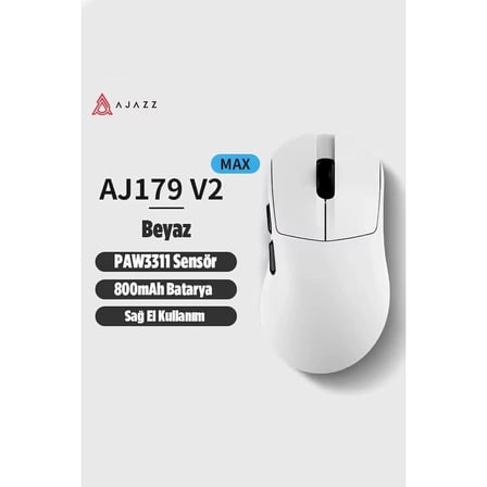 Coverzone AJ179 V2 MAX Kablosuz Gaming Mouse ENT 12000 DPI PAW3311 Sensör 2.4G + Bluetooth + USB 300IPS 35G 1000Hz 800mAh Ultra Hafif 56g Teflon Ayak Profesyonel Oyuncu Mouse (Beyaz)