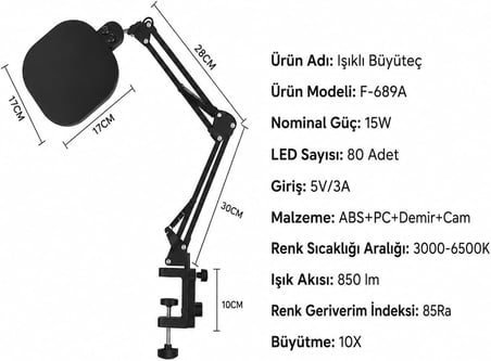 Coverzone 10X LED ENT Işıklı Büyüteçli Masa Lambası 80 LED 15W 850 Lümen F-689A