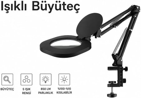 Coverzone 10X LED ENT Işıklı Büyüteçli Masa Lambası 80 LED 15W 850 Lümen F-689A