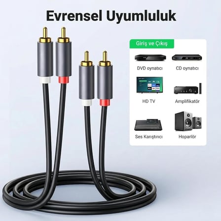 Coverzone 2RCA Stereo Ses ENT Kablosu Altın Uçlu Yüksek Ses Kalitesi AUX 3.5mm RCA Kablo Subwoofer Amfi TV Ses Sistemi ile Uyumlu Dayanıklı PVC, Audio Kablo, Siyah (3metre)
