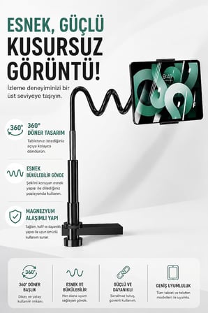 Coverzone Esnek Kollu Telefon ve Tablet Standı,ENT  360° Döner Ayarlanabilir Masa Kelepçesi, Magnezyum Alaşımlı Bükülebilir Gövde, Kaymaz Silikon ve EVA Pedli, iPad Pro Uyumlu | YK-21
