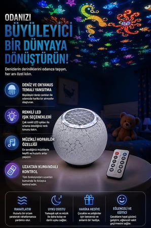 Coverzone Deniz ve Okyanus Temalı Projektör ENT Gece Lambası, Müzikli Hoparlörlü Renkli LED Yansıtıcı, Uzaktan Kumandalı Döner Işık, 5V USB Şarjlı Dahili Bataryalı 12 cm | Nima-11 (Beyaz)