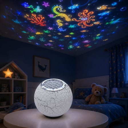 Coverzone Deniz ve Okyanus Temalı Projektör ENT Gece Lambası, Müzikli Hoparlörlü Renkli LED Yansıtıcı, Uzaktan Kumandalı Döner Işık, 5V USB Şarjlı Dahili Bataryalı 12 cm | Nima-11 (Beyaz)
