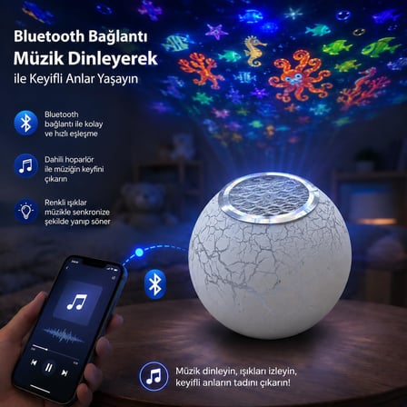 Coverzone Deniz ve Okyanus Temalı Projektör ENT Gece Lambası, Müzikli Hoparlörlü Renkli LED Yansıtıcı, Uzaktan Kumandalı Döner Işık, 5V USB Şarjlı Dahili Bataryalı 12 cm | Nima-11 (Beyaz)