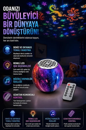 Coverzone Deniz ve Okyanus Temalı ENT Projektör Gece Lambası, Müzikli Hoparlörlü Renkli LED Yansıtıcı, Uzaktan Kumandalı Döner Işık, 5V USB Şarjlı Dahili Bataryalı 12 cm | Nima-11 (Mor)