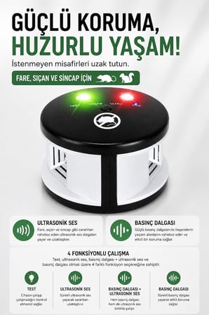 Coverzone Triple Rodent Chaser Ultrasonik ENT Fare Sıçan ve Sincap Uzaklaştırıcı, Basınç Dalgalı 4 Fonksiyon, 100Hz-65.000Hz, 9V DC 500mAh, 3229 sq.ft Kapsama, Ev Garaj Restoran | SC-29