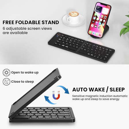 Coverzone Katlanabilir Kablosuz Bluetooth Klavye ENT 67 Tuş Makas Mekanizmalı, iOS Android Windows Uyumlu, USB-C Şarjlı, 150 mAh Batarya, 10 m Menzil, Çift Katlanır Taşınabilir Tasarım | (B028 Siyah)