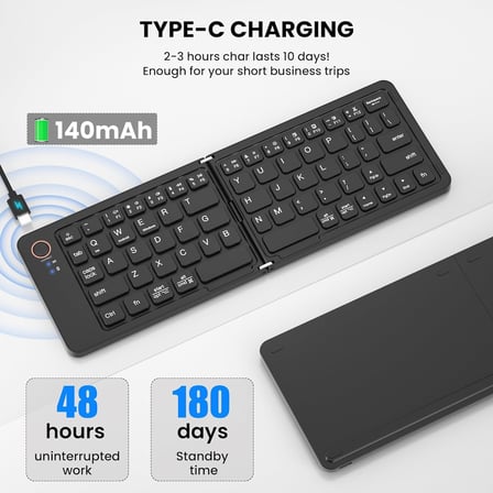 Coverzone Katlanabilir Kablosuz Bluetooth Klavye ENT 67 Tuş Makas Mekanizmalı, iOS Android Windows Uyumlu, USB-C Şarjlı, 150 mAh Batarya, 10 m Menzil, Çift Katlanır Taşınabilir Tasarım | (B028 Siyah)