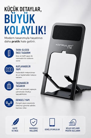 Coverzone Thin-Sliced ENT İnce Katlanabilir Masaüstü Telefon Standı, Evrensel Mobil Cihaz Desteği, Kaymaz ve Dengeli Yapı, Taşınabilir, Gelişmiş Mühendislik Plastik Üretim | Konfulon CM25