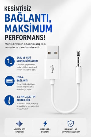 Coverzone iPod Shuffle ile Uyumlu ENT - USB Şarj ve Veri Aktarım Kablosu, 3.5 mm Jack - USB A Senkronizasyon Kablosu, Şarj Data Bağlantı Kablosu Beyaz