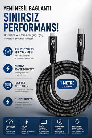 Coverzone Thunderbolt 5 USB-C to USB-C Kablo,ENT 80Gbps-120Gbps Veri Transferi, PD240W Power Delivery, 16K 60Hz Video Çıkışı, E-Marker Akıllı Çip, Thunderbolt 3/4/5 Uyumlu | 1 Metre (ZR1322 Siyah)