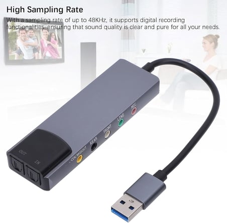 Coverzone | 6 in 1 USB Harici Ses Kartı,ENT  5.1 ve 7.1 Kanal, SPDIF Optik Giriş Çıkış, Mikrofon Line In Front Rear Center Bass, USB 2.0, 32/44/48kHz, AES/EBU IEC60958, Windows Mac Uyumlu | ZR1311