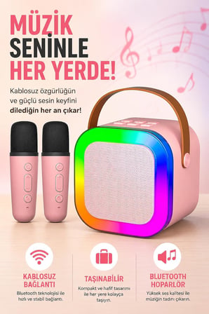 Coverzone Kablosuz Mikrofonlu Karaoke Makinesi Taşınabilir ENT Bluetooth Hoparlör Seti Bas Tiz Ayarlı Retro Karaoke Hoparlör Yetişkinler ve Çocuklar İçin Hafıza Kartı ve USB 10x10x6cm (Çiftli K12 -Pembe)