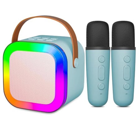 Coverzone Kablosuz Mikrofonlu Karaoke Makinesi Taşınabilir Bluetooth Hoparlör ENT Seti Bas Tiz Ayarlı Retro Hoparlör Yetişkinler ve Çocuklar İçin Hafıza Kartı ve USB 10x10x6cm (Çiftli K12 - Turkuaz)