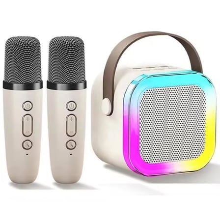 Coverzone Kablosuz Mikrofonlu Karaoke Makinesi ENT- Taşınabilir Bluetooth Hoparlör Seti Bas Tiz Ayarlı Retro Hoparlör Yetişkinler ve Çocuklar İçin Hafıza Kartı ve USB 10x10x6cm (Çiftli K12 - Krem)