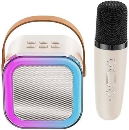 Coverzone Kablosuz Mikrofonlu Karaoke Makinesi ENT- Taşınabilir Bluetooth Hoparlör Seti Bas Tiz Ayarlı Retro Hoparlör Yetişkinler ve Çocuklar İçin Hafıza Kartı ve USB 10x10x6cm (Çiftli K12 - Krem)