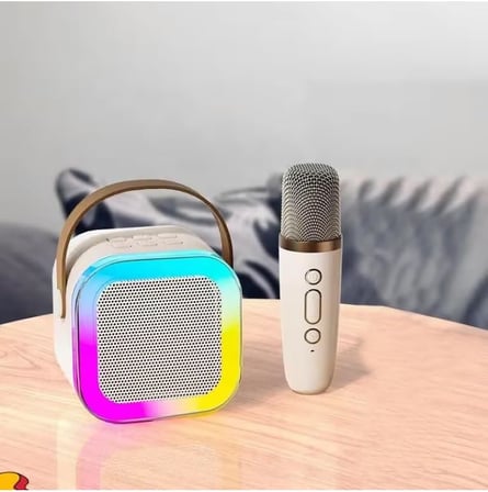 Coverzone Kablosuz Mikrofonlu Karaoke Makinesi ENT- Taşınabilir Bluetooth Hoparlör Seti Bas Tiz Ayarlı Retro Hoparlör Yetişkinler ve Çocuklar İçin Hafıza Kartı ve USB 10x10x6cm (Çiftli K12 - Krem)