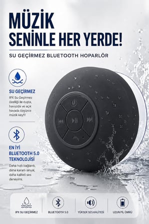 Coverzone Su Geçirmez Bluetooth Hoparlör ENT Vantuzlu Havuzda Yağmurlu Havalarda IPx4 3W Kaliteli Ses Banyo Duş Hoparlörü | S56 (Siyah)