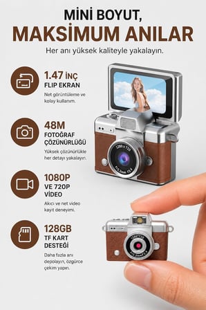 Coverzone Mini Flip Dijital Kamera, ENT  -1.47 İnç Ekran, 48M Fotoğraf Çözünürlüğü, 1080P/720P Video, 128GB TF Kart Desteği, Type-C Şarj, Flaşlı, Fotoğraf ve Video Kayıt Özellikli | LK-027 Kahverengi