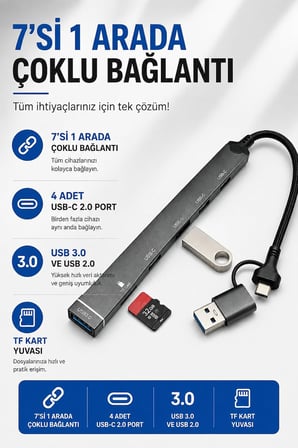 Coverzone 7 in 1 Type-C USB Hub Çoklayıcı Docking Station, 4 USB-C 2.0, USB 3.0, USB 2.0, TF Kart Okuyucu, Laptop Tablet Telefon Masaüstü Bilgisayar Uyumlu | ADS-812-C