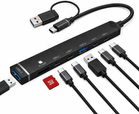 Coverzone 7 in 1 Type-C USB Hub Çoklayıcı Docking Station, 4 USB-C 2.0, USB 3.0, USB 2.0, TF Kart Okuyucu, Laptop Tablet Telefon Masaüstü Bilgisayar Uyumlu | ADS-812-C