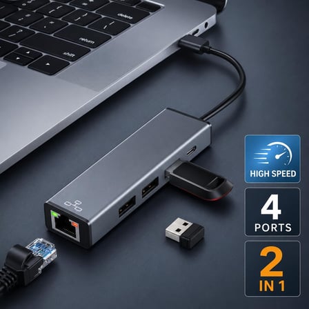 Coverzone USB-A ve Type-C 4 Port USB Hub- ENT , 3 USB-A + RJ45 Gigabit Ethernet Adaptörü, 1000 Mbps LAN, USB 3.0 5 Gbps Hızlı Veri Aktarımı, LED Göstergeli Docking Station | HC-78Q