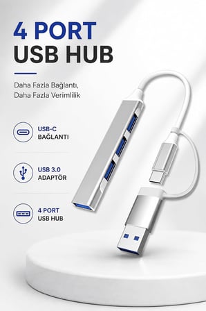 Coverzone 4 Port USB-C Hub ENT USB 3.0 Adaptör Tablet PC MacBook Uyumlu AC809