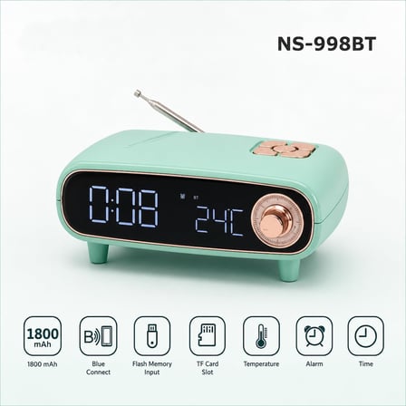 Coverzone 1800 mAh Bluetooth ENT Dijital Saat Alarm Sıcaklık TF USB NS-998BT