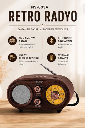Coverzone Bluetooth FM/AM/SW Retro Radyo ENT 1200 mAh TF Kart USB NS-803A