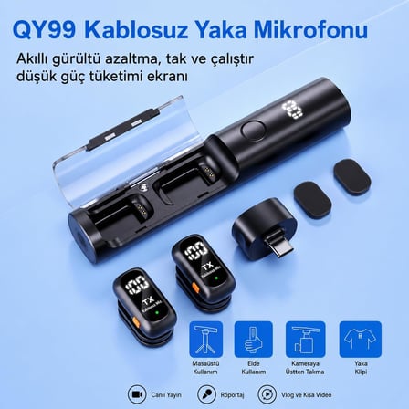 Coverzone Kablosuz Yaka Mikrofonu ENT Gürültü Azaltma Dijital Ekran QY99