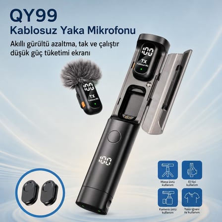 Coverzone Kablosuz Yaka Mikrofonu ENT Gürültü Azaltma Dijital Ekran QY99