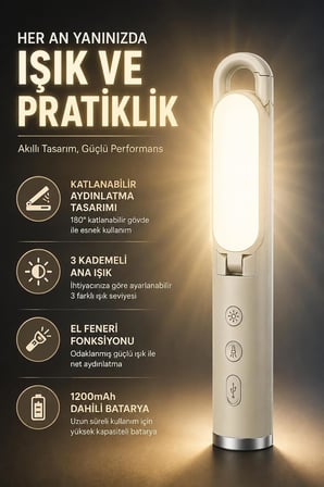 Coverzone Şarjlı Katlanabilir ENT Kamp Lambası Type-C 3W 1200mAh El Feneri DH01