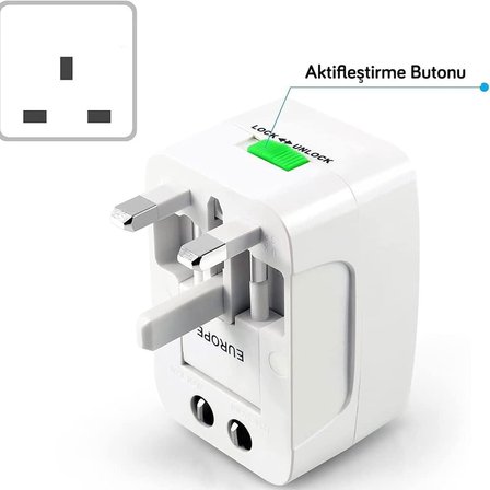 Coverzone Akım Korumalı Universal Fiş Çoklu Priz ENT-CV640 Priz Çevirici Dönüştürücü 2 Port USB- Type C Kompakt Tasarım Amerikan Fişi, İngiliz, Türkiye 125V - 250V 13A (Beyaz) (931E)